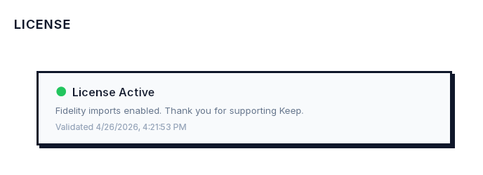 License Active confirmation in KEEP Settings